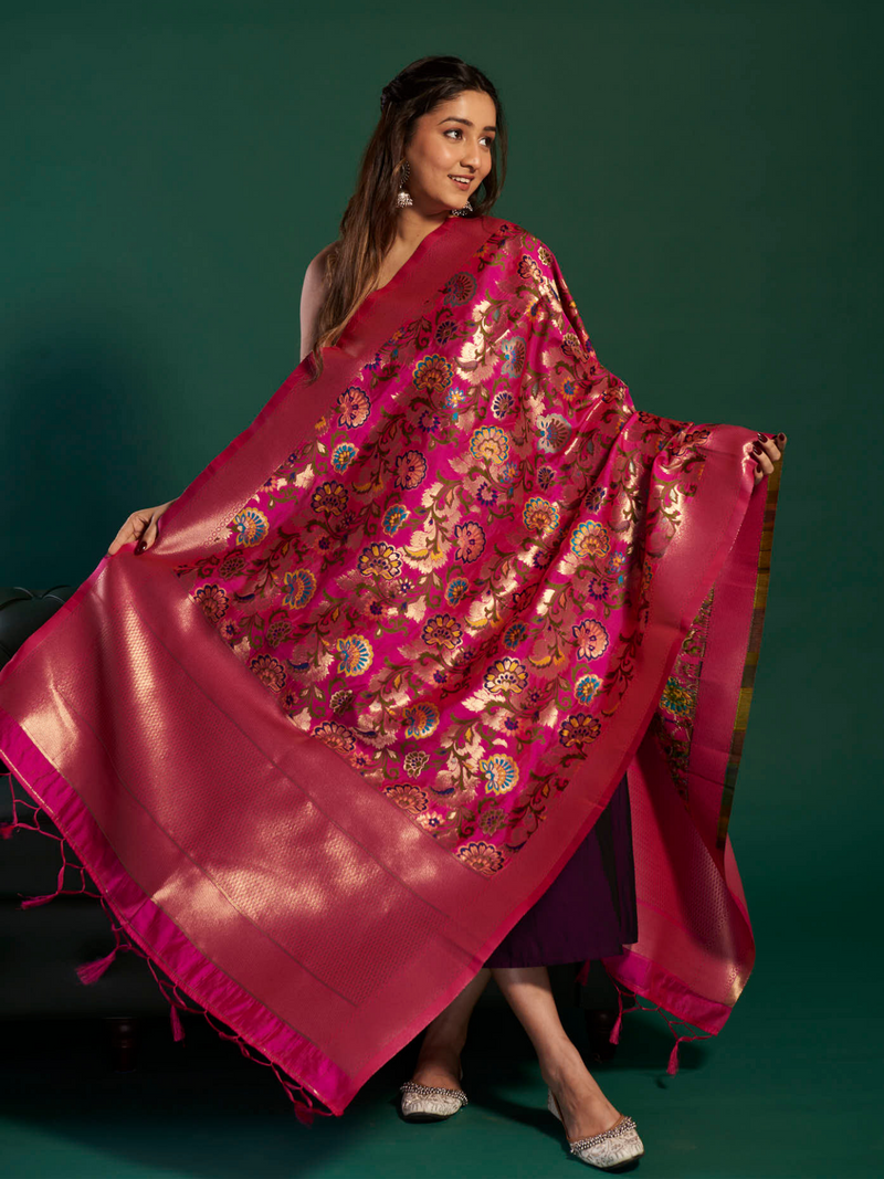 LEHER - Rani Pink Silk Printed Banarasi Dupatta
